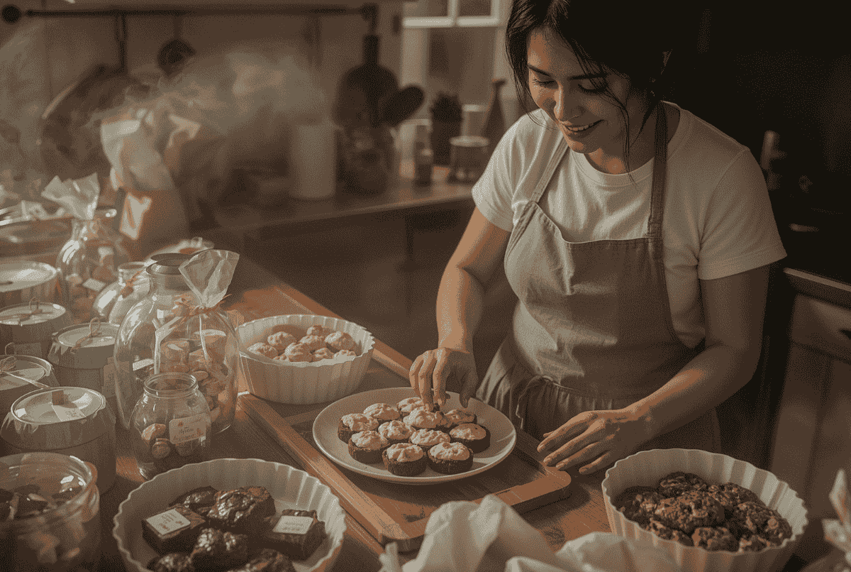 Dapur rumahan yang hangat dengan kue-kue segar dan ibu rumah tangga Indonesia sedang menata loyang.