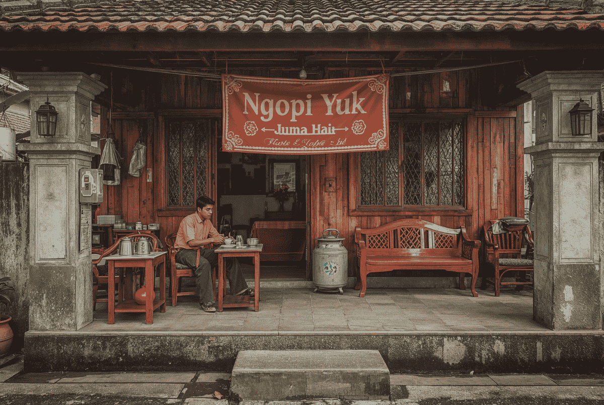 Pemuda jualan kopi kekinian di depan rumah dengan meja kayu dan suasana santai