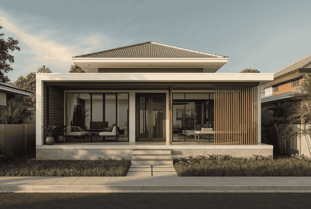 Rumah modern 7x12 bergaya minimalis tropis dengan taman depan.