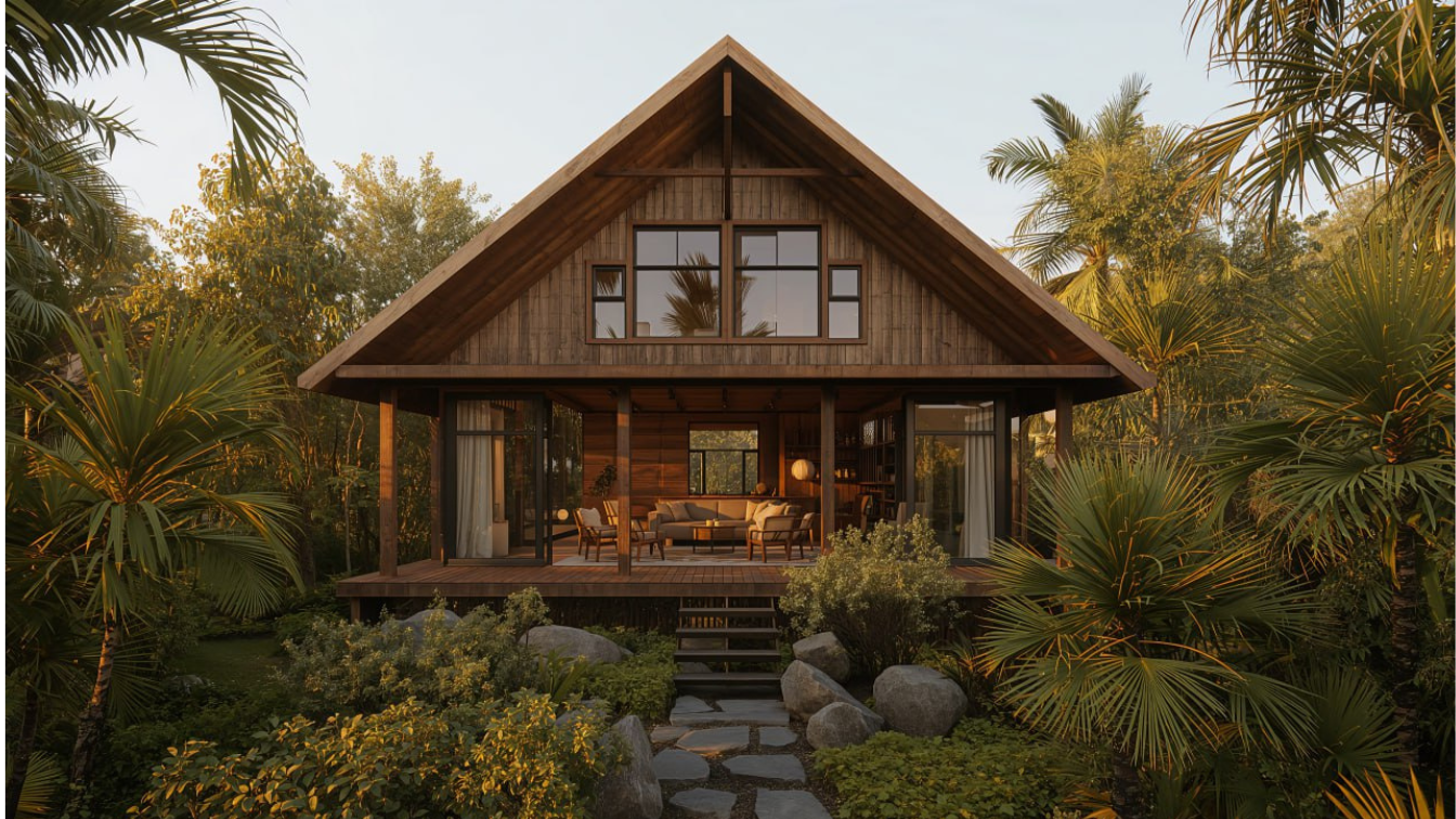 Rumah tropis modern minimalis dengan atap tinggi dan jendela kaca besar.