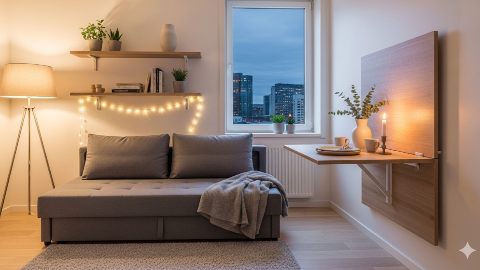 Sofa bed abu-abu multifungsi di ruang tamu apartemen minimalis