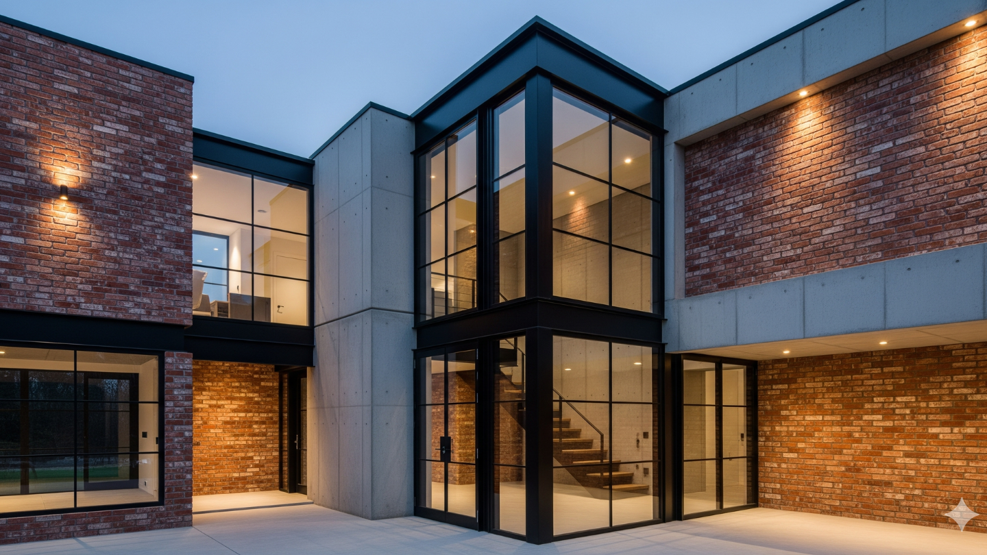 Rumah modern industrial 2 lantai dengan bata ekspos dan kaca besar