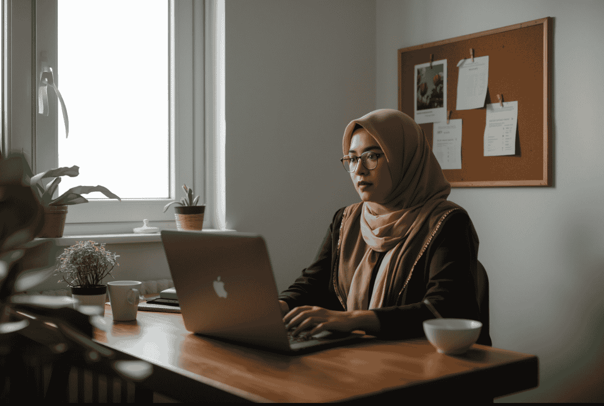 Dua orang muda sedang berdiskusi ide usaha di meja kerja dengan sticky notes warna-warni.