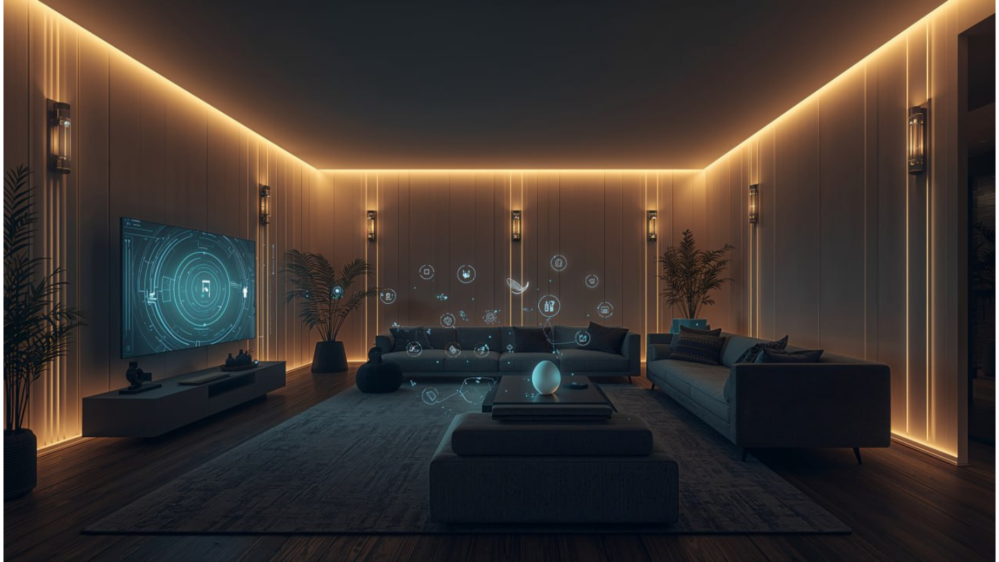 Rumah pintar modern dengan lampu cerdas dan ikon digital futuristik