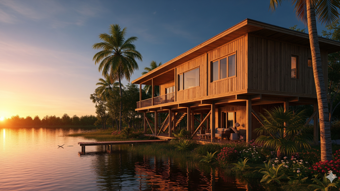 Rumah kayu panggung modern tepi danau dengan nuansa alami tropis