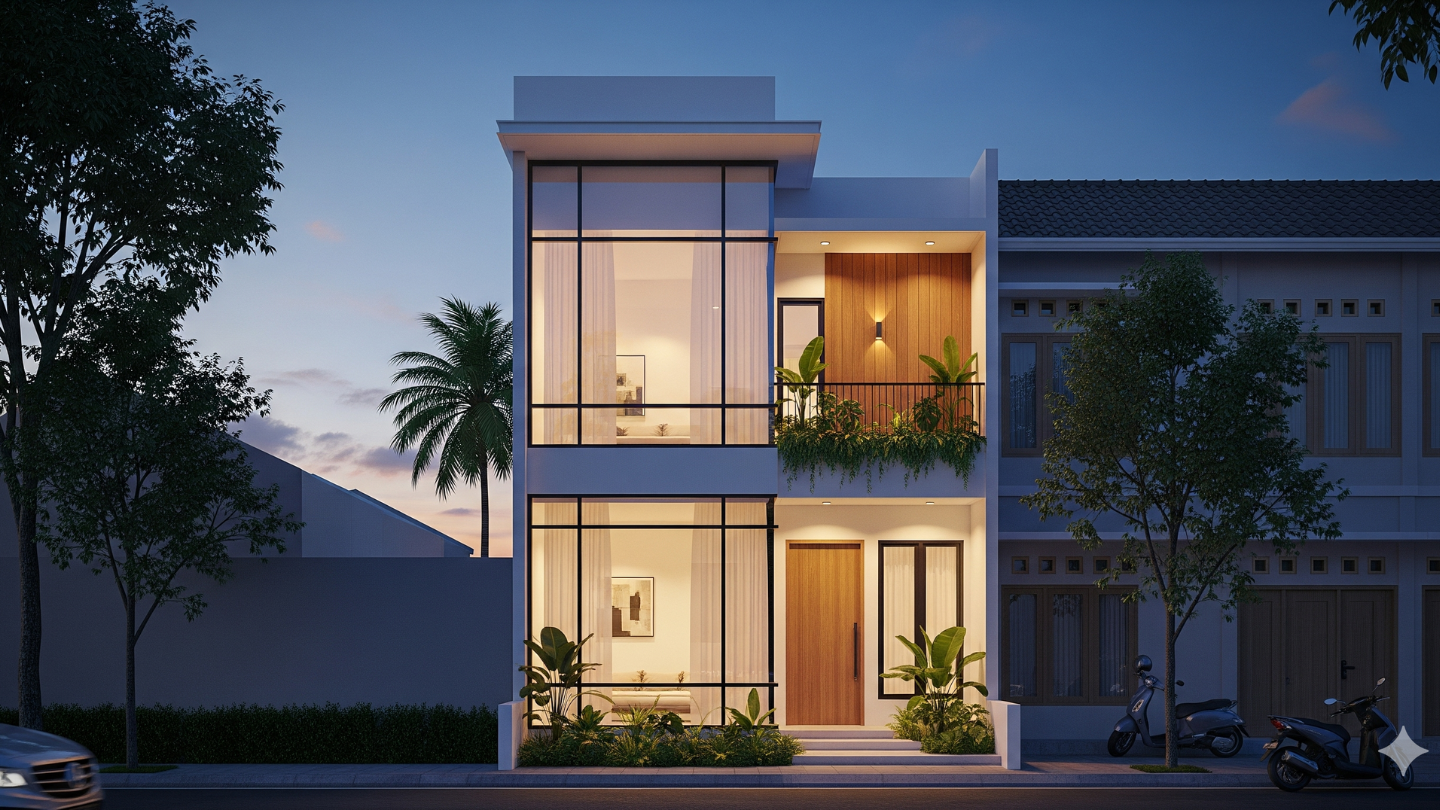 Rumah minimalis 2 lantai dengan fasad kaca modern dan balkon kayu.