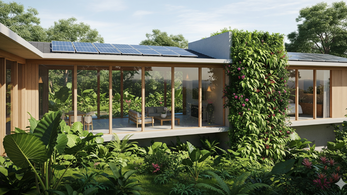 Rumah tropis modern ramah lingkungan dengan panel surya dan taman hijau