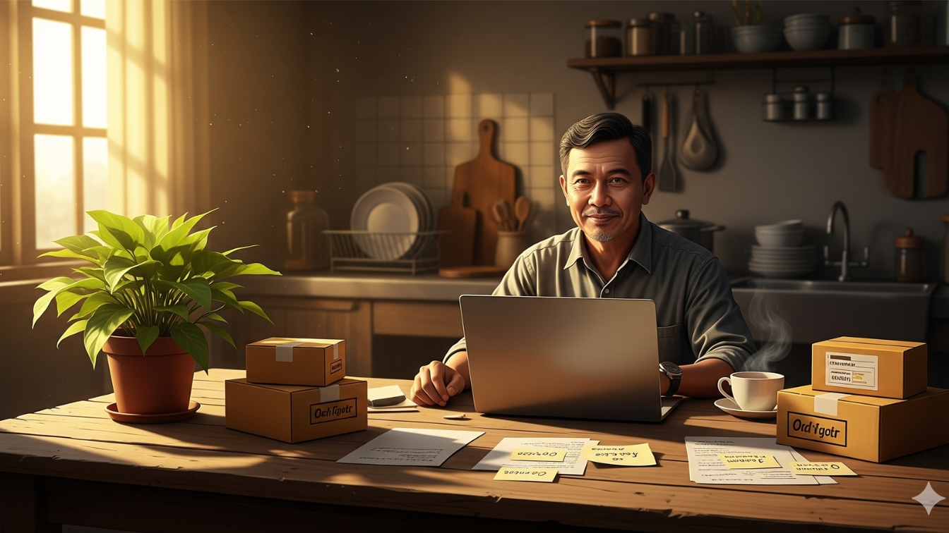 Lukisan digital seorang pengusaha Indonesia di dapur rumah, melihat laptop dan tumpukan kotak.