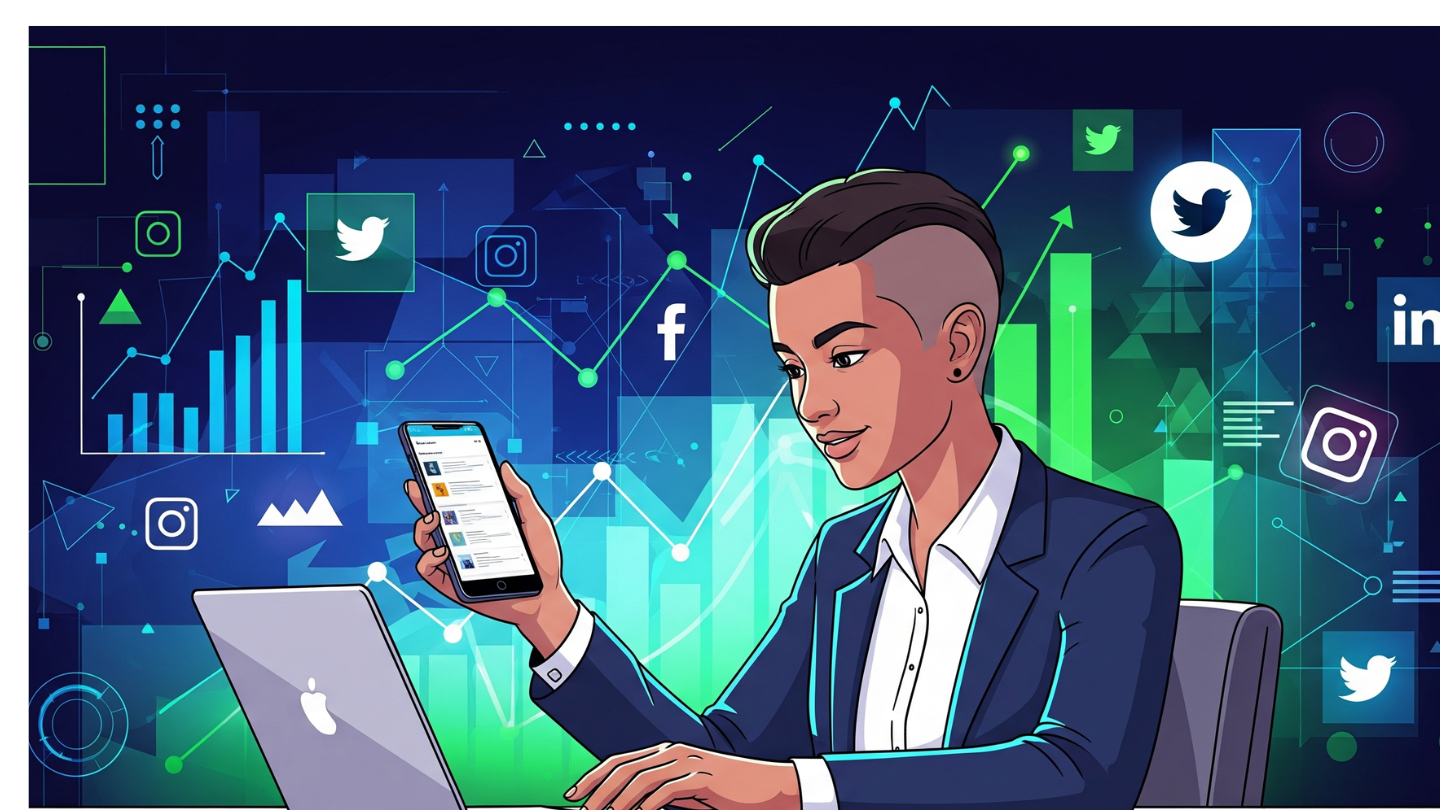 Pengusaha muda menggunakan laptop dan ponsel dengan ikon digital marketing